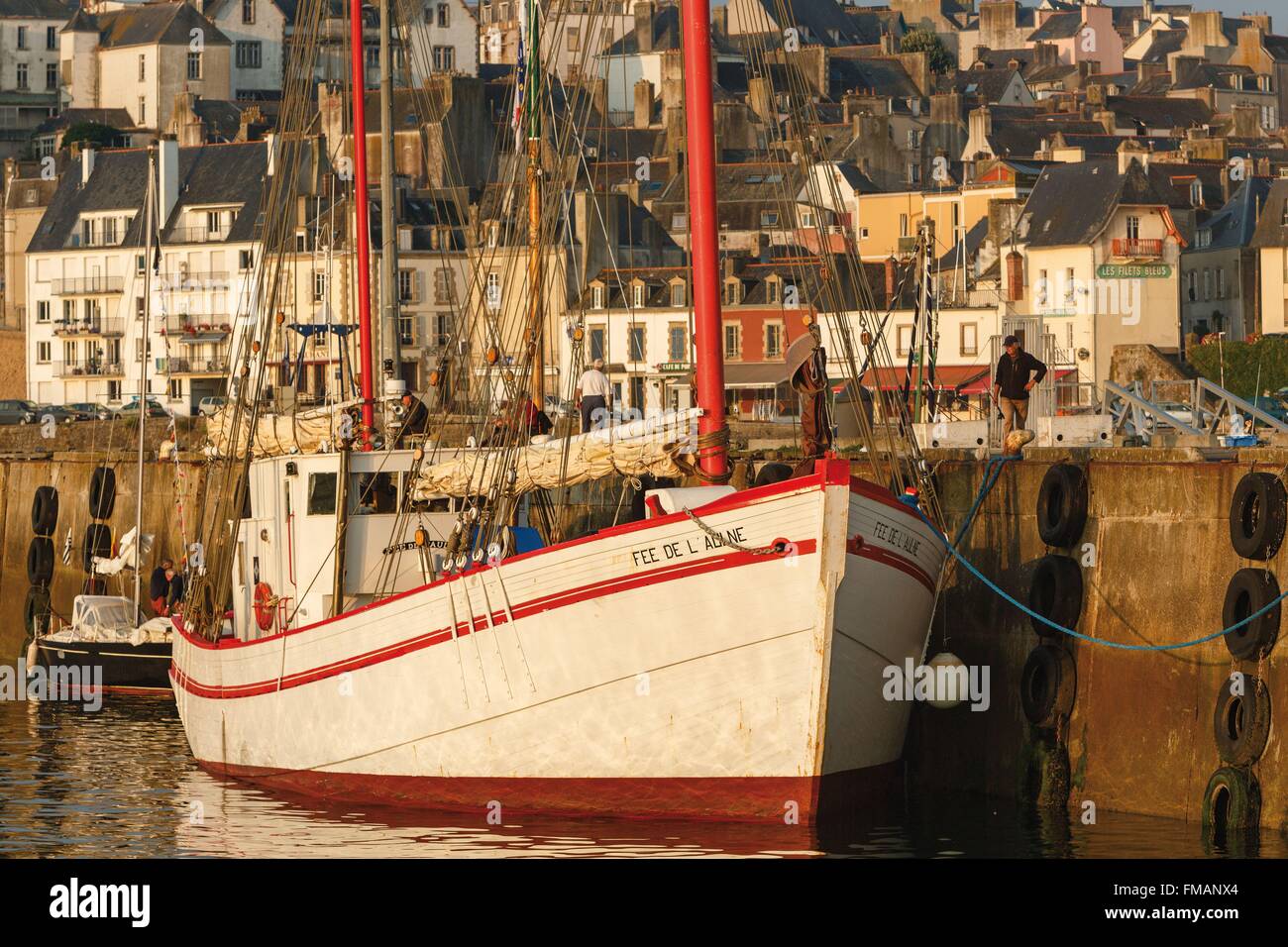 Frankreich, Finistere, Douarnenez, kleine Trawler vor Anker im Hafen mit dem Dorf im Hintergrund Stockfoto