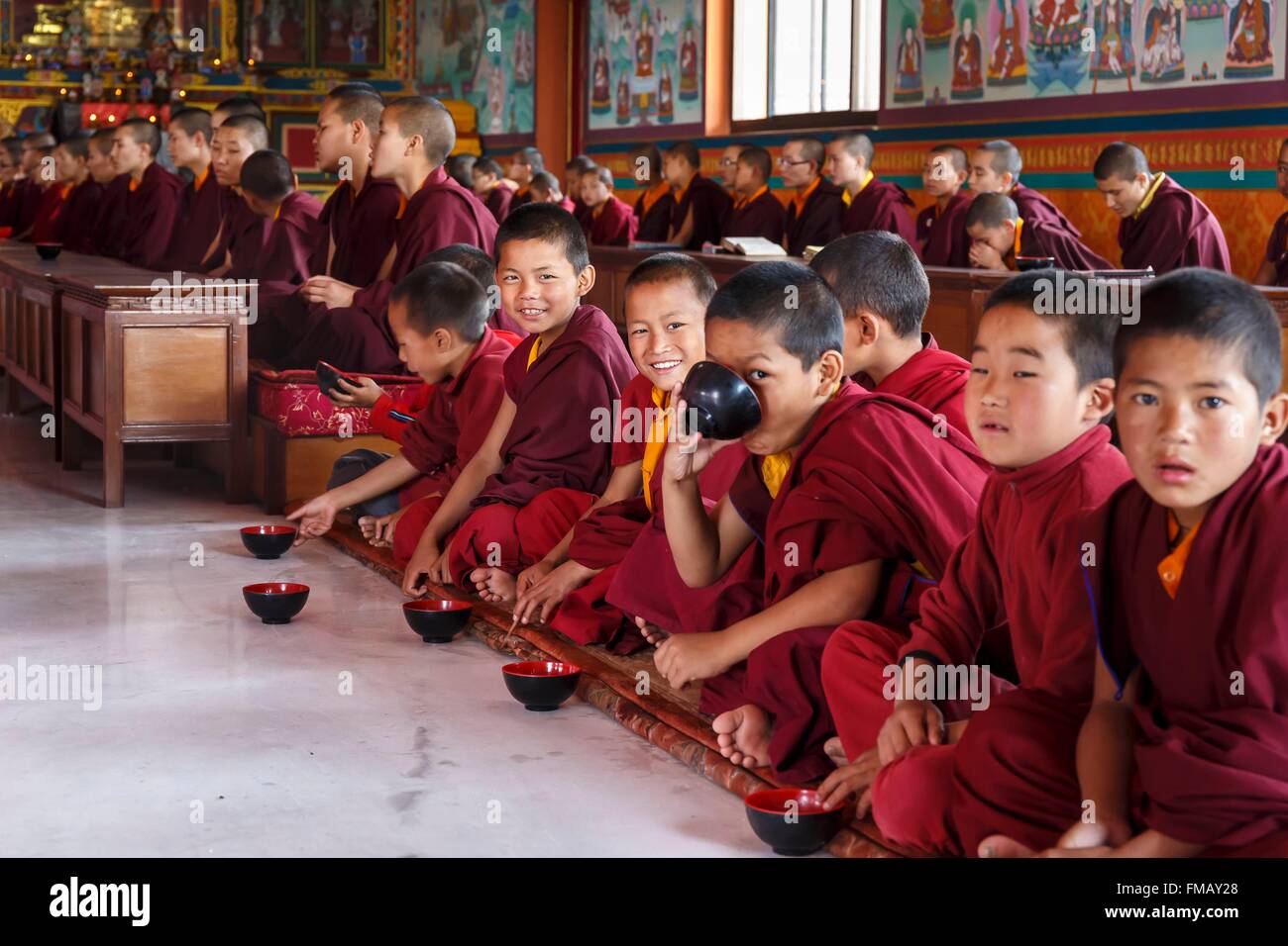 Nepal, Bagmati Zone, Nala, junge Mönche trinken Milchkaffee in Dhagpo Sheydrub Ling-buddhistisches Kloster Stockfoto