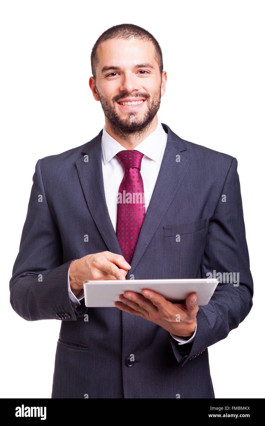 Glücklich lächelnd Geschäftsmann mit digital-Tablette auf weißem Hintergrund Stockfoto