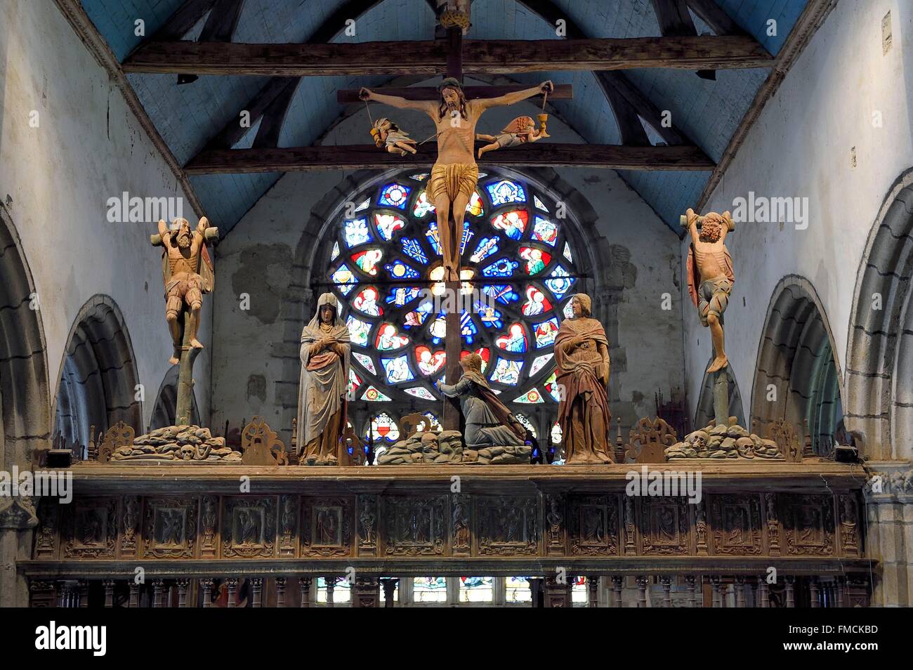 Frankreich, Finistere, St. Herbot, späten gotischen Kapelle des St. Herbot, Rood Balken über dem Altarraum (Raum um den Altar in Stockfoto