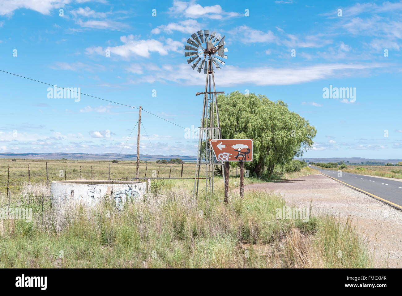 Ein schattiger Picknickplatz mit Windmühle und Damm neben der Straße zwischen Steynsburg und in der Provinz Ostkap der Sout Hofmeyer Stockfoto