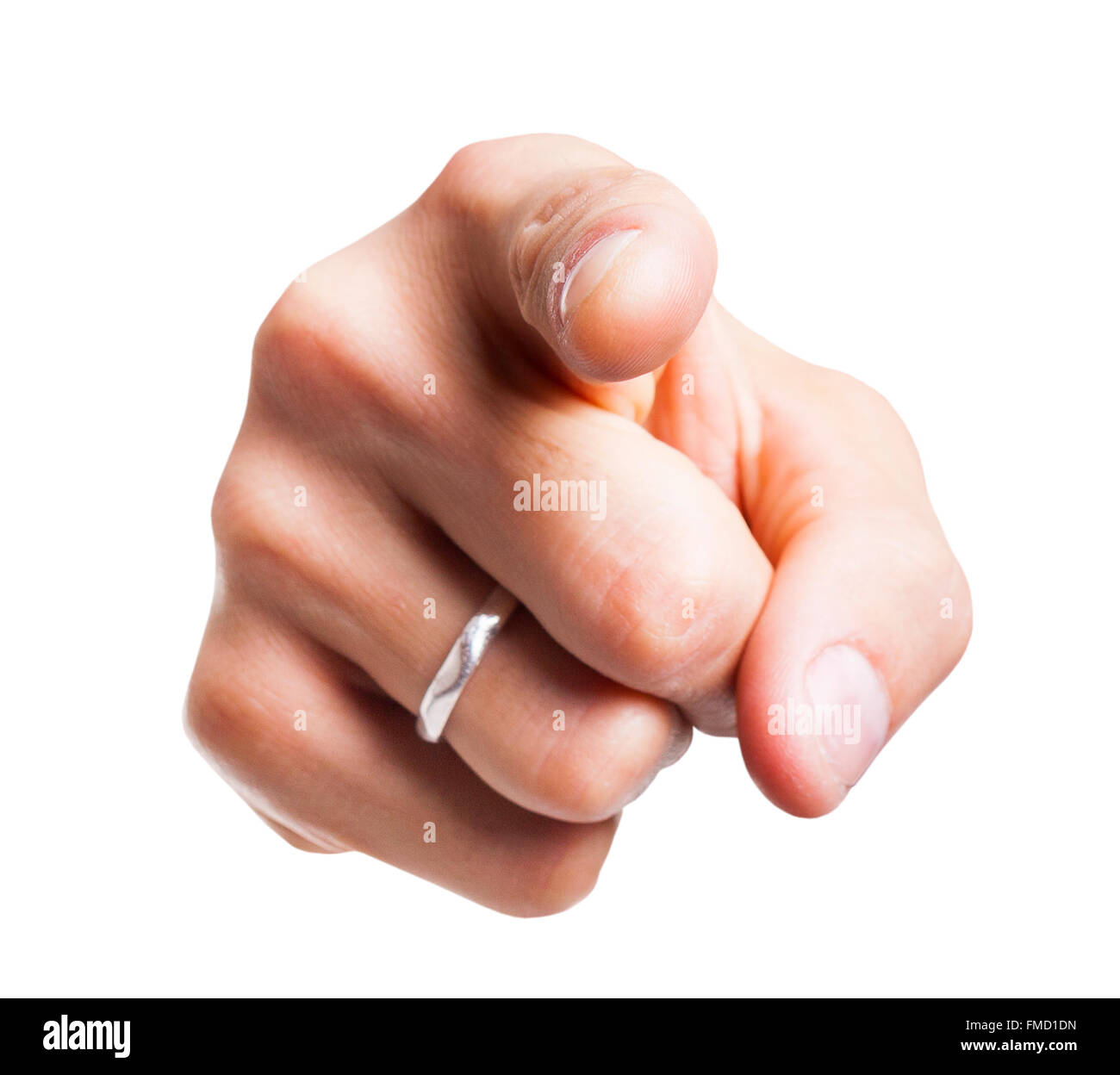 Nahaufnahme der männlichen Hand zeigen Sie isoliert auf weißem Hintergrund Stockfoto