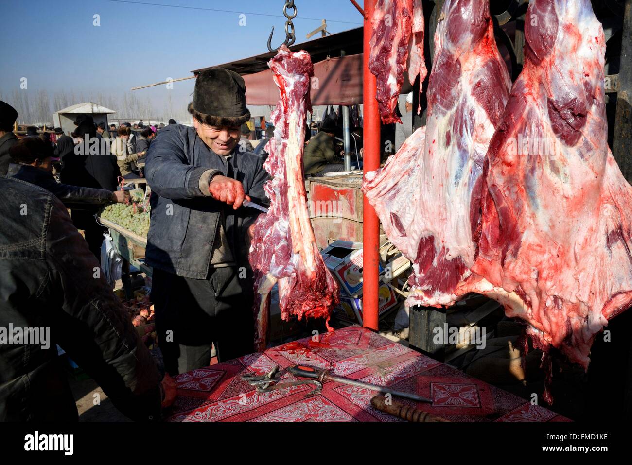 China, autonome Region Xinjiang Uyghur Kashgar (Kashi), Sonntag Viehmarkt, Metzgerei Stockfoto