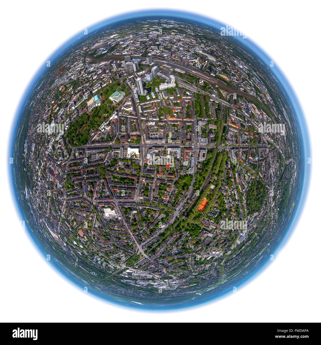 Luftaufnahme, fisheye, Essen, Ruhrgebiet, Nordrhein-Westfalen, Deutschland Stockfoto