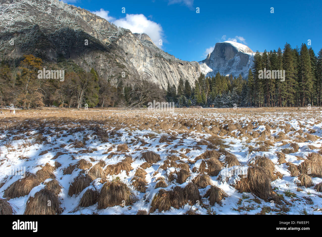 Schöne Half Dome im Yosemite National Park Winter mit Schnee bedeckt Stockfoto