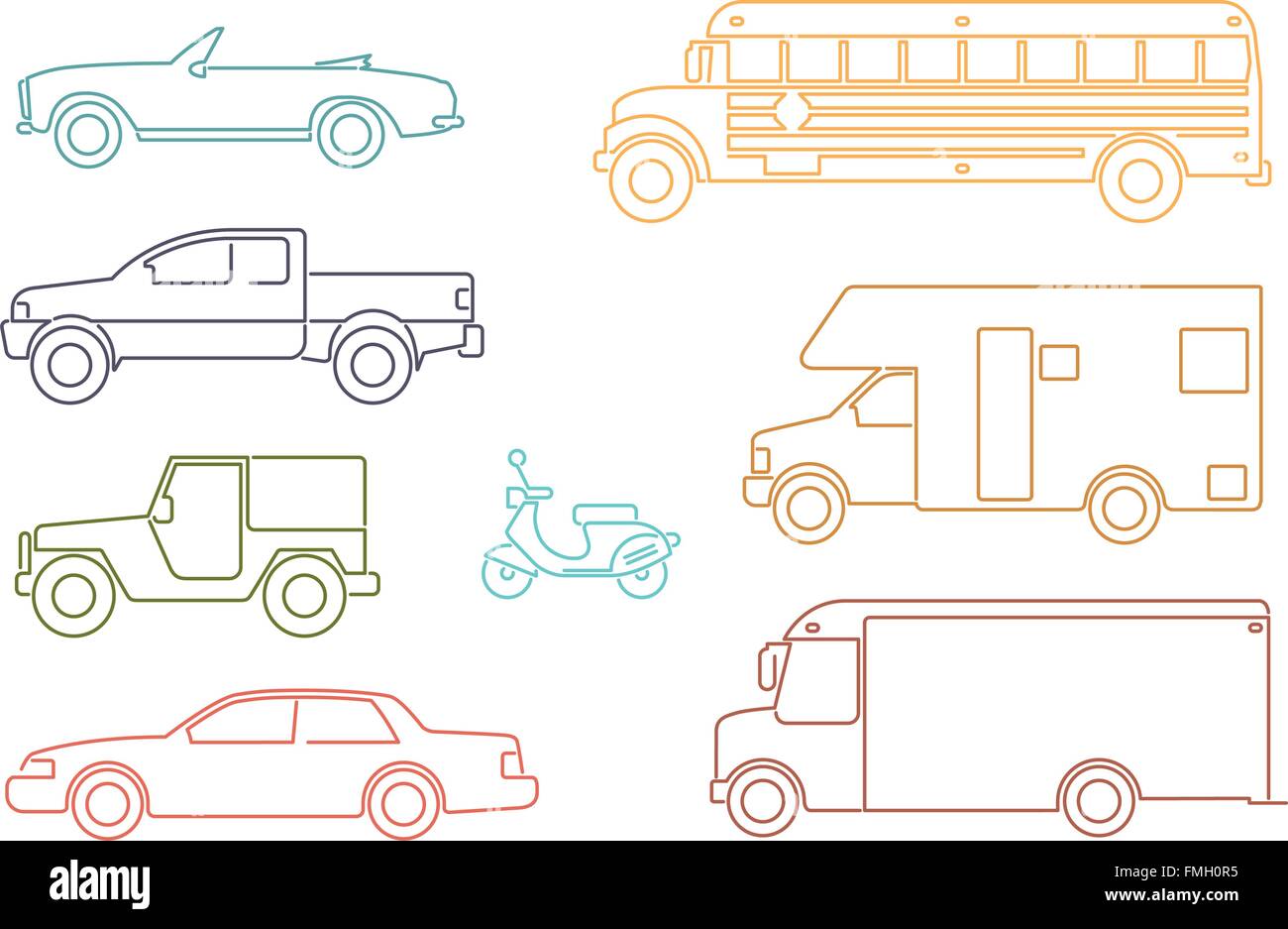 Satz von acht Kraftfahrzeug Illustrationen, Symbol Linienart Stock Vektor