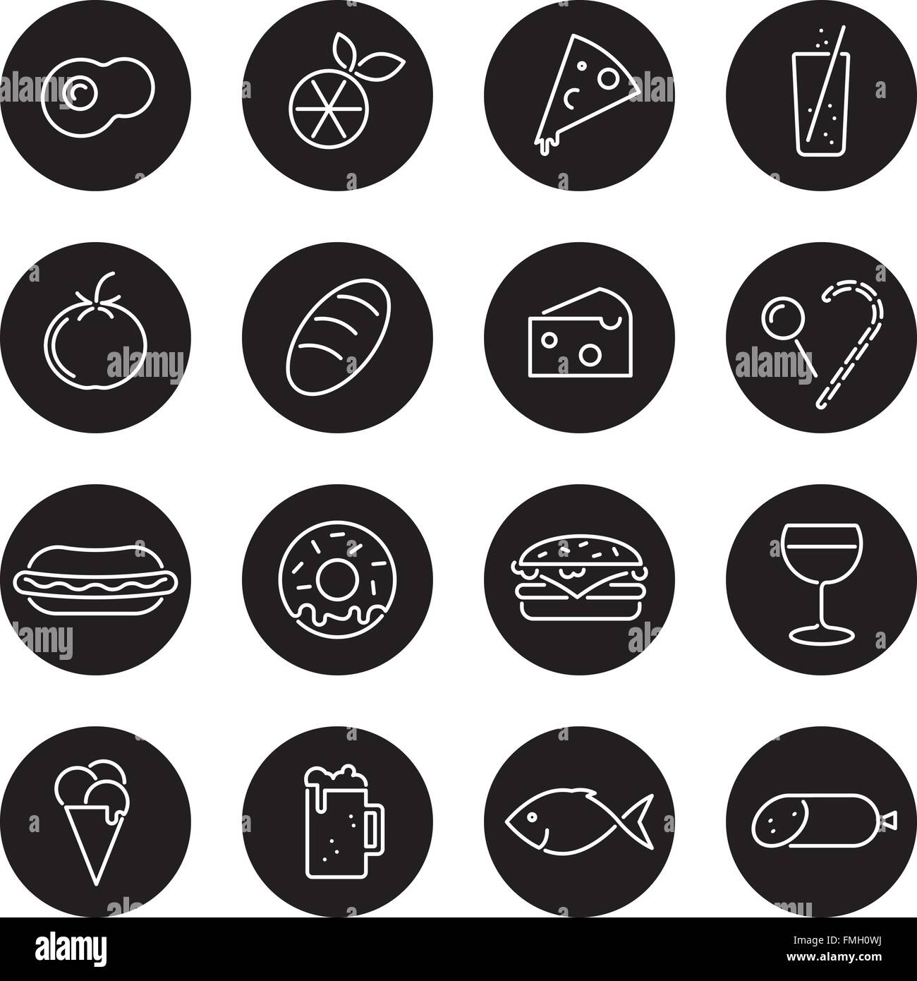 Essen Linie Symbole in schwarze Kreise Sammlung Stock Vektor