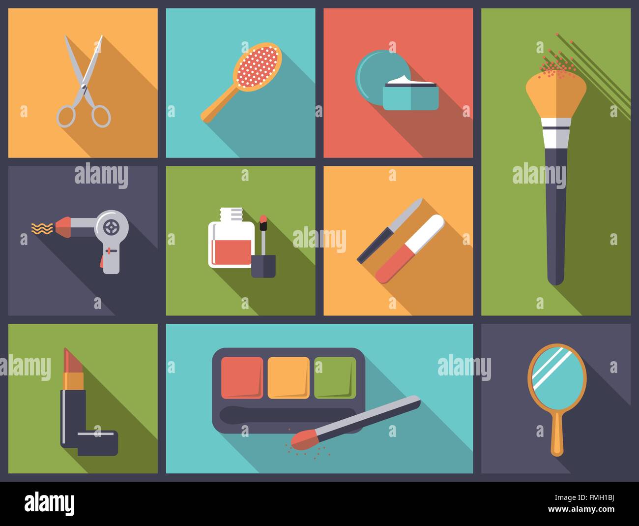Flache Design lange Schatten-Darstellung mit Schönheit, Make-up und Haar-Styling-Ikonen Stock Vektor