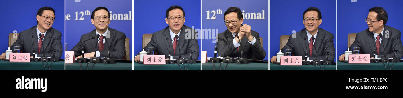 Peking, China. 12. März 2016. Das kombinierte Foto zeigt Vorsitzender der China Securities Regulatory Kommission Liu Shiyu Teilnahme an einer Pressekonferenz am Rande der vierten Tagung der 12. nationalen Volkskongresses in Peking, Hauptstadt von China, 12. März 2016. © Xinhua/Alamy Live-Nachrichten Stockfoto