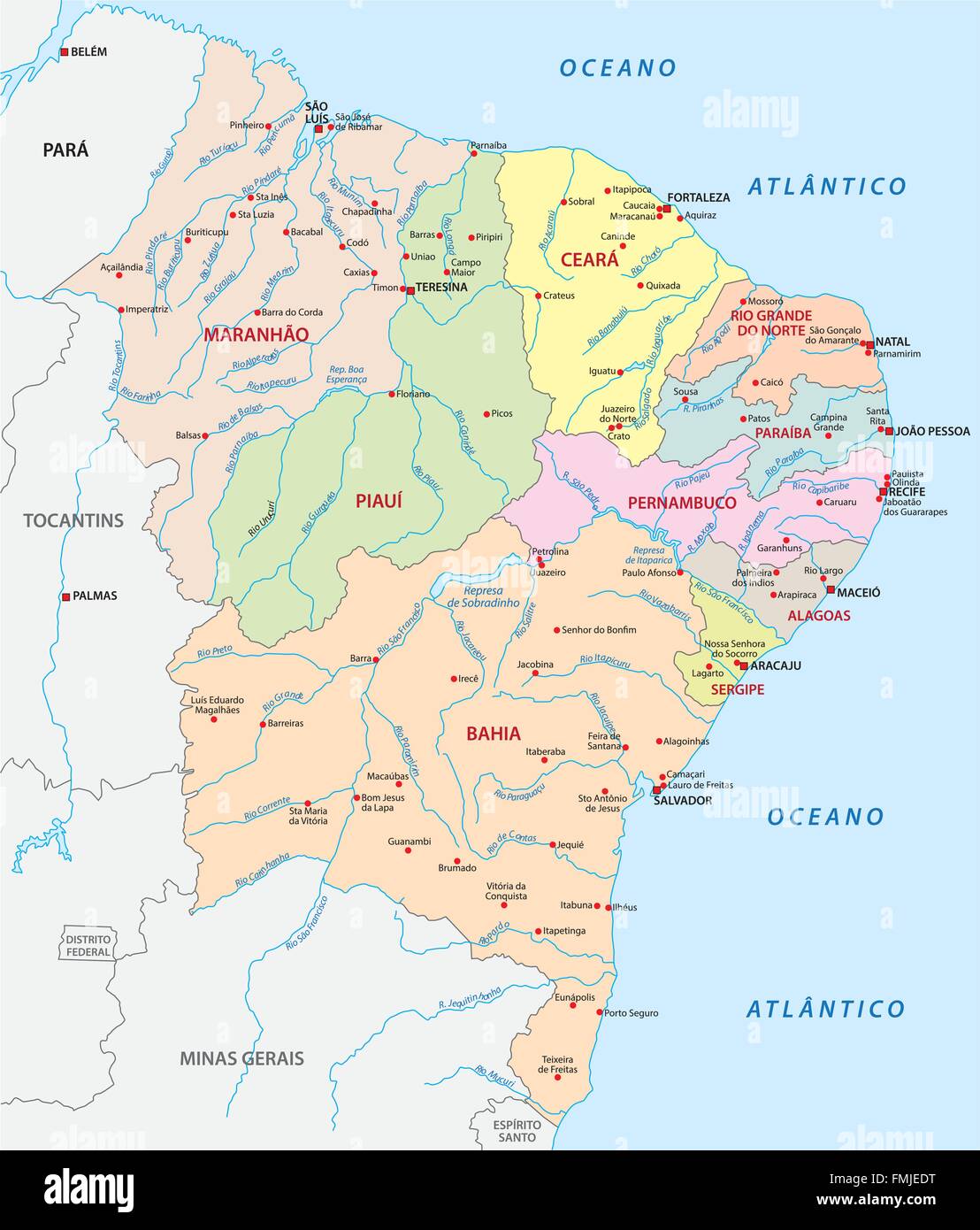 Karte der nordöstlichen Region, Brasilien Stock Vektor