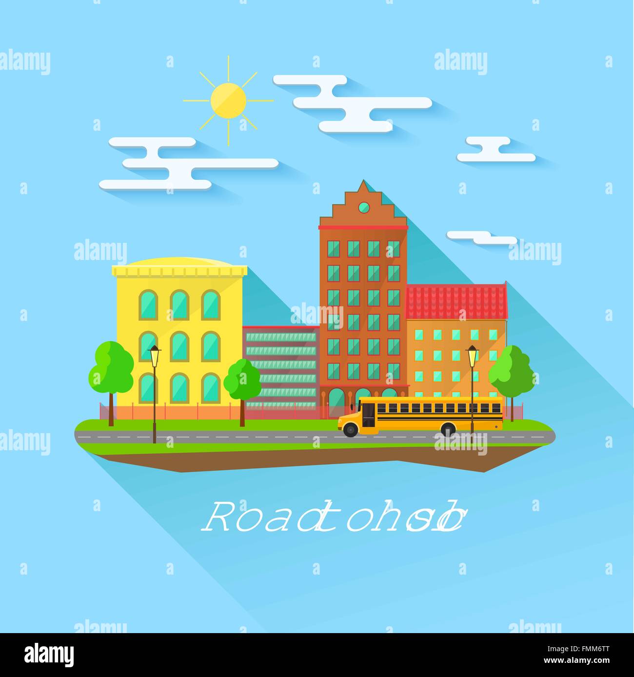 Schulgebäude, Bus und Vorgarten mit Studierenden Kindern. Flachen Stil-Vektor-illustration Stock Vektor