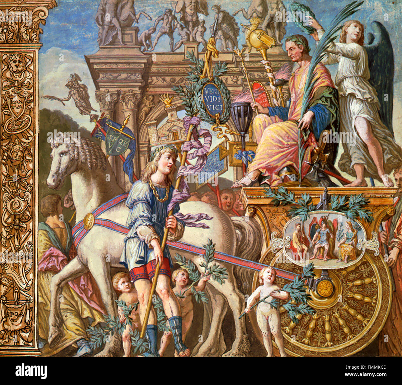 Der Triumph von Julius Caesar, Teil einer Reihe von Szenen von Andrea Andreani, c.1598, nach dem Gemälde von Andrea Mantegna. Hell-dunkel-Holzschnitt mit gouache Stockfoto