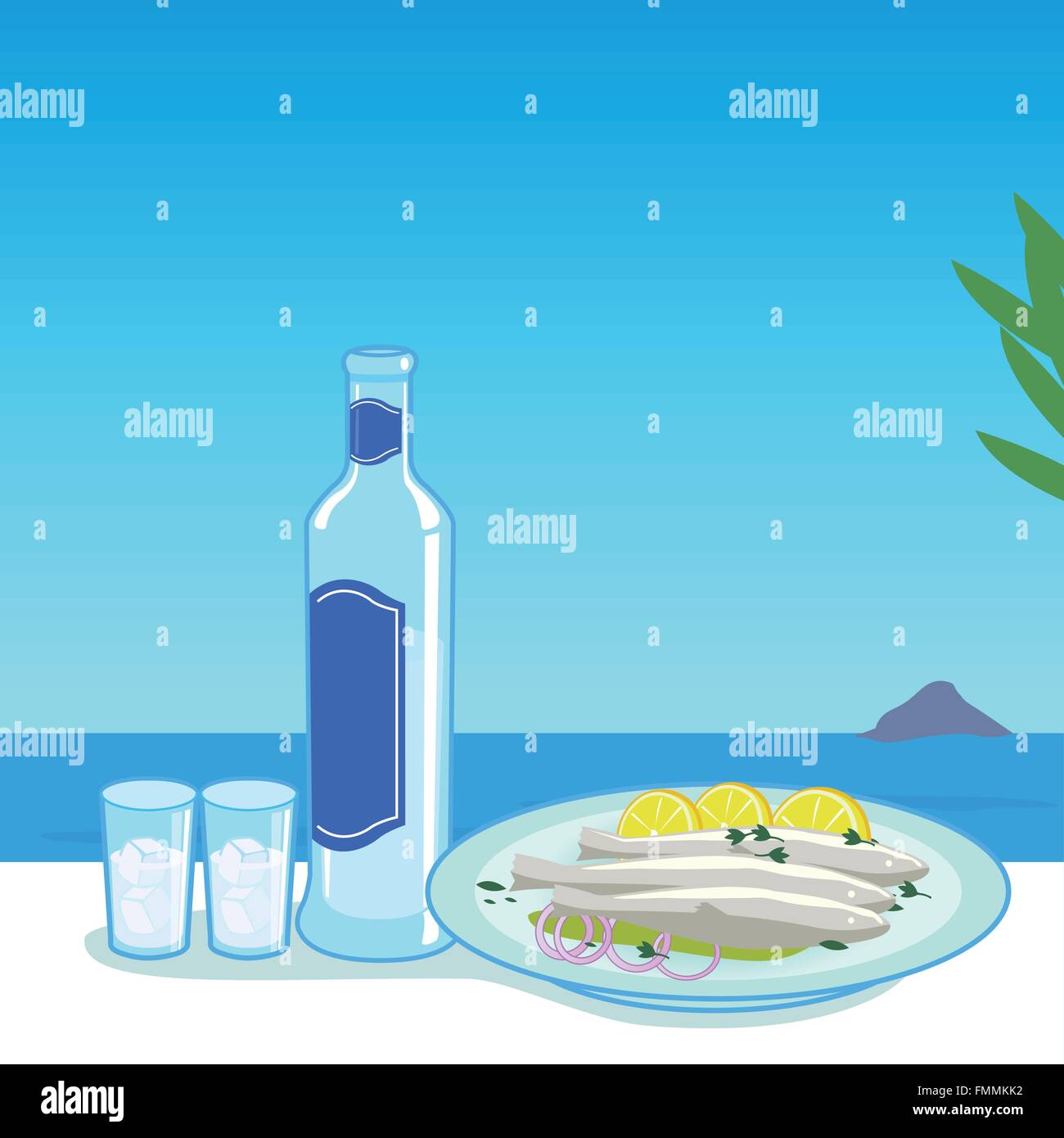 Eine Flasche Ouzo und ein Gericht mit gekochten Fisch in einer Tabelle direkt am Meer. Stock Vektor