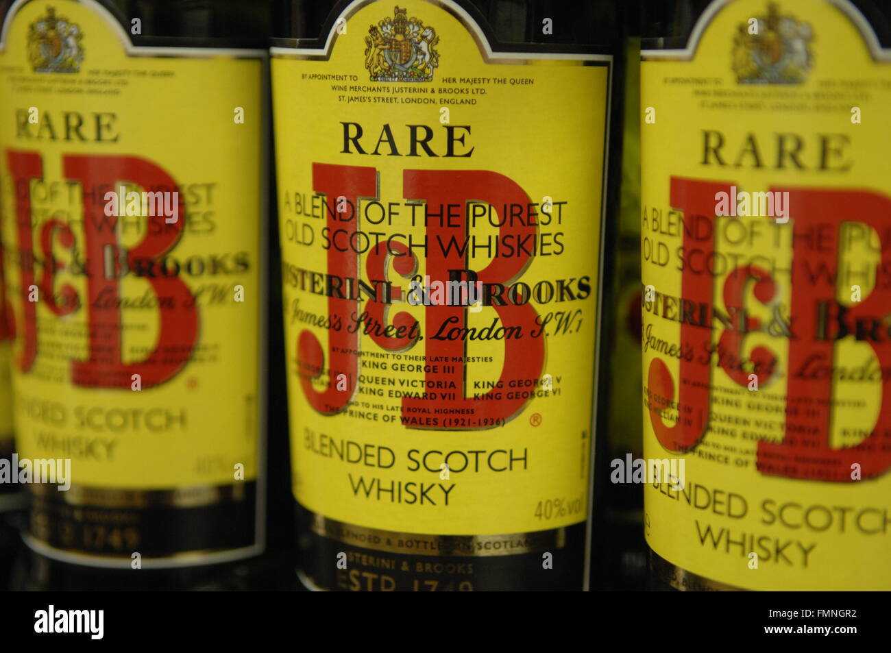 Nahaufnahme eines Blended Scotch Whisky J & B, reinste alten Scotch alle Whiskys Stockfoto