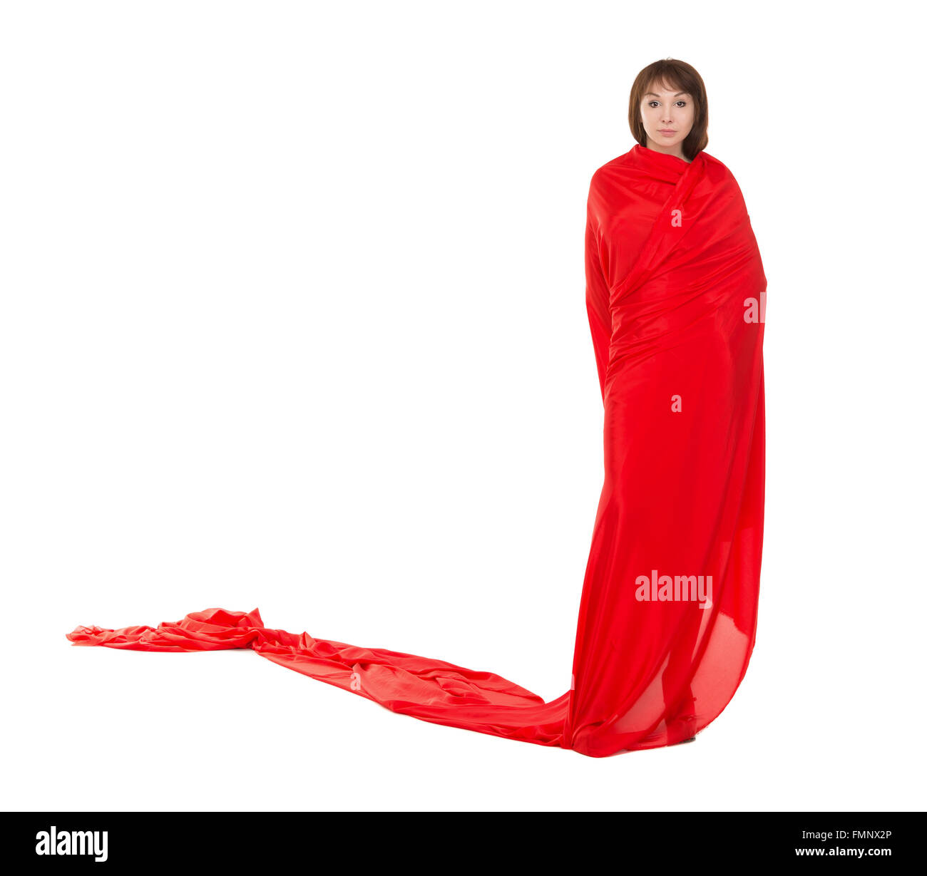 Schöne Frau im roten Kleid, isoliert auf weißem Hintergrund Stockfoto