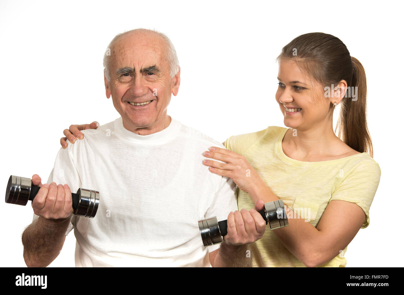 Alter senior Mann und junge Frau glücklich und Sport treiben Stockfoto