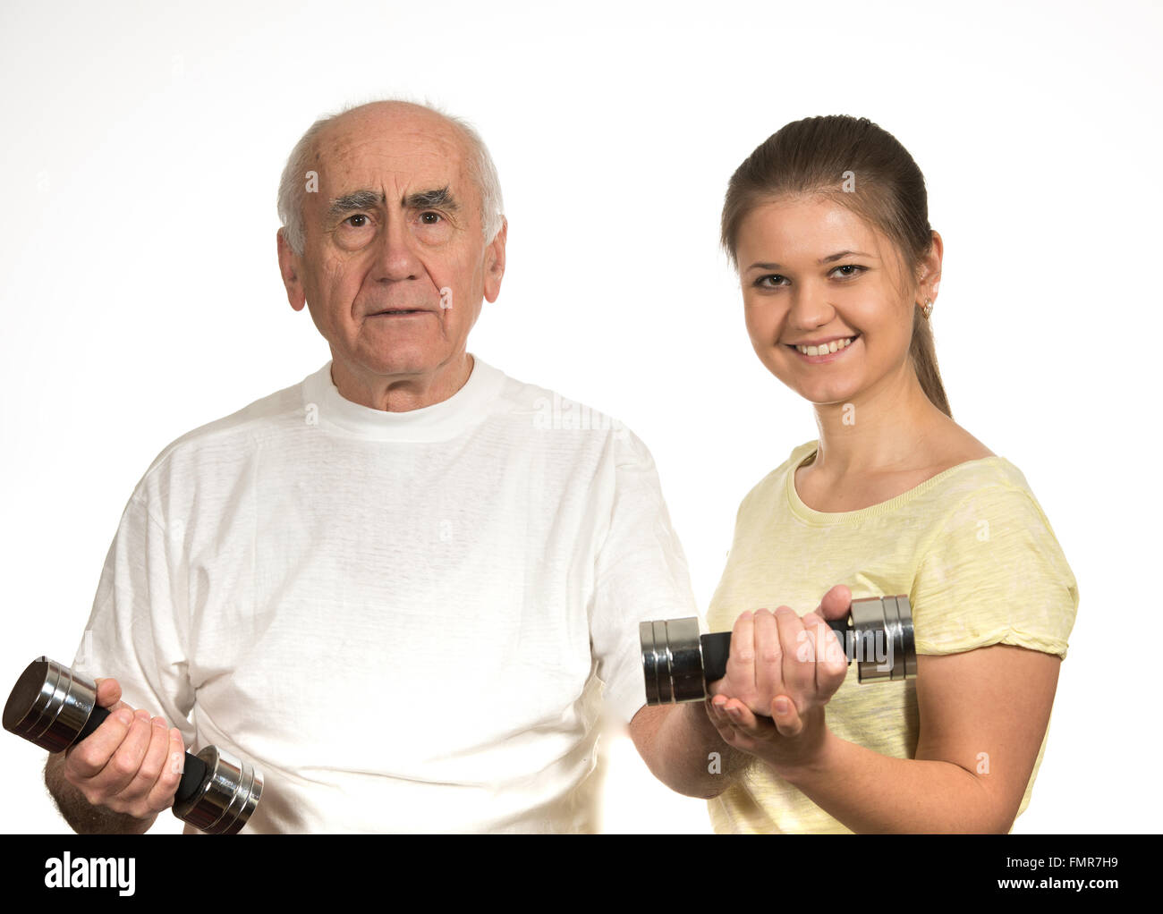 Alter senior Mann und junge Frau glücklich und Sport treiben Stockfoto