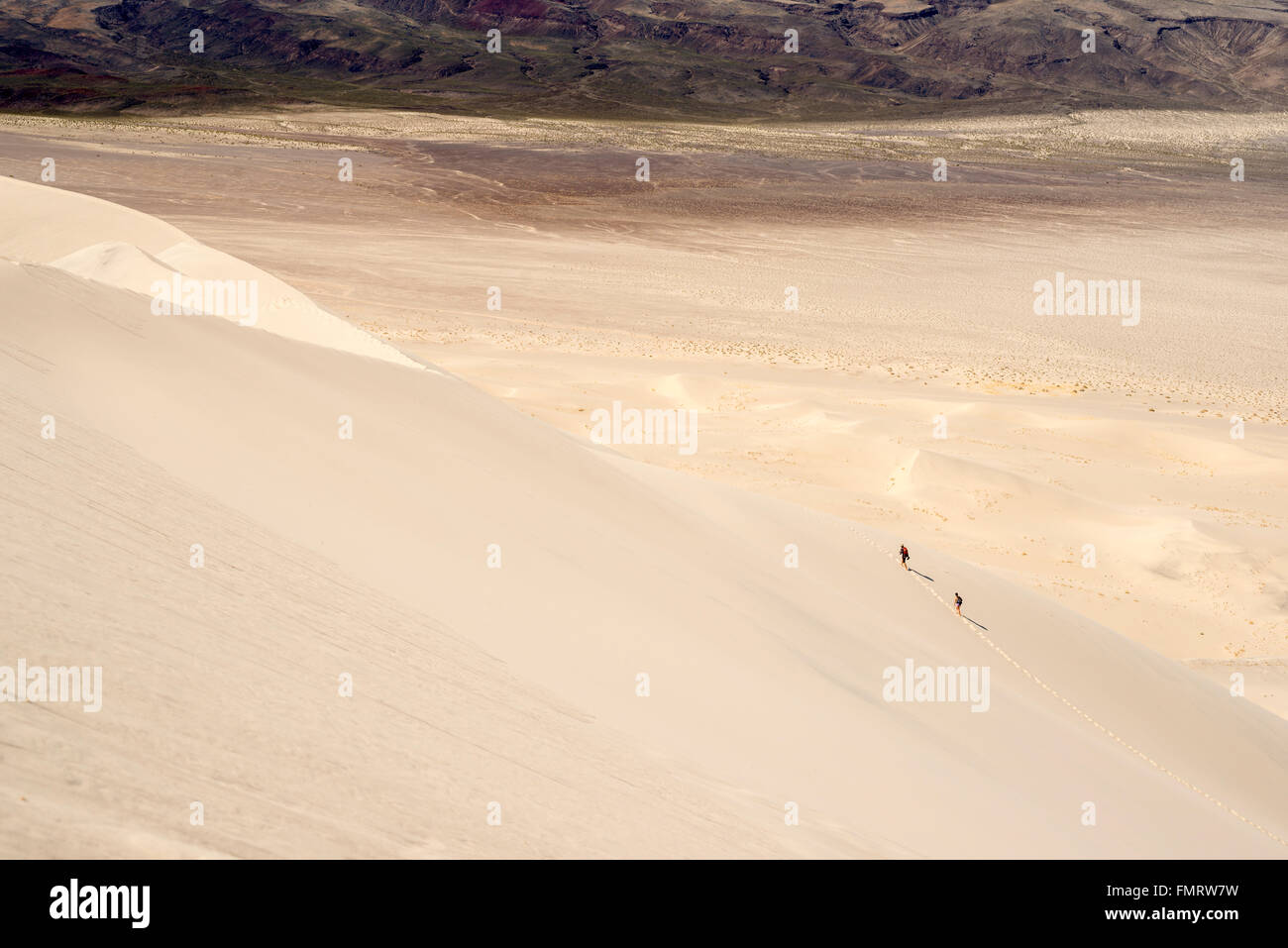 Zwei Menschen wandern auf den Eureka Valley Sanddünen im Death Valley Nationalpark, Kalifornien Stockfoto