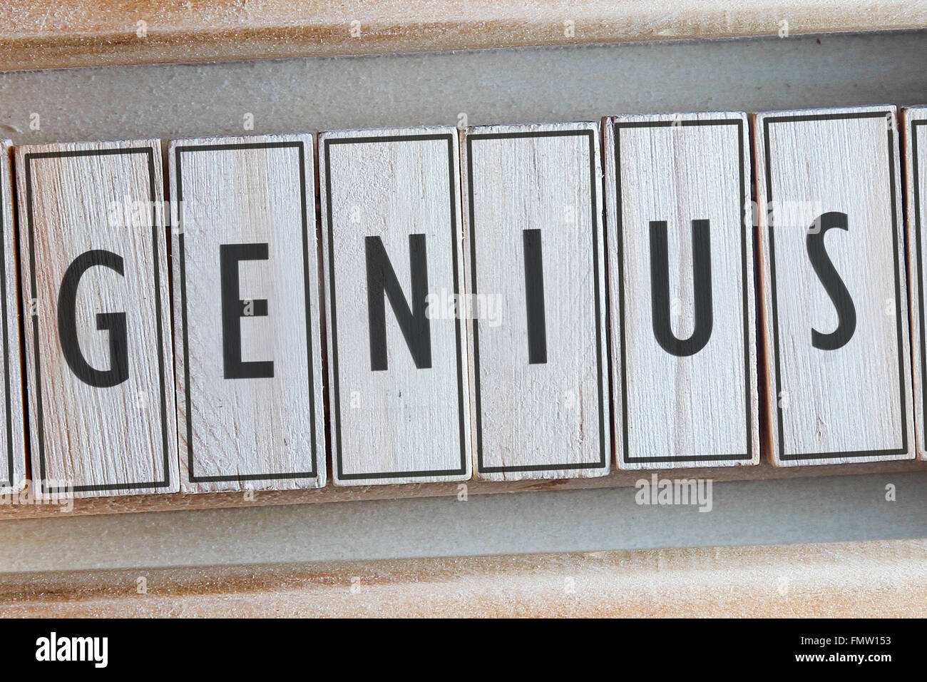 Genie-Wort geschrieben auf Holz Stockfoto