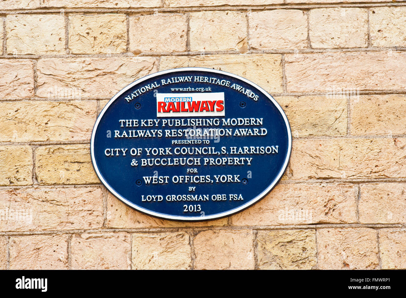 Modern Railways Restaurierung Plaque, West-Büros, York Stockfoto