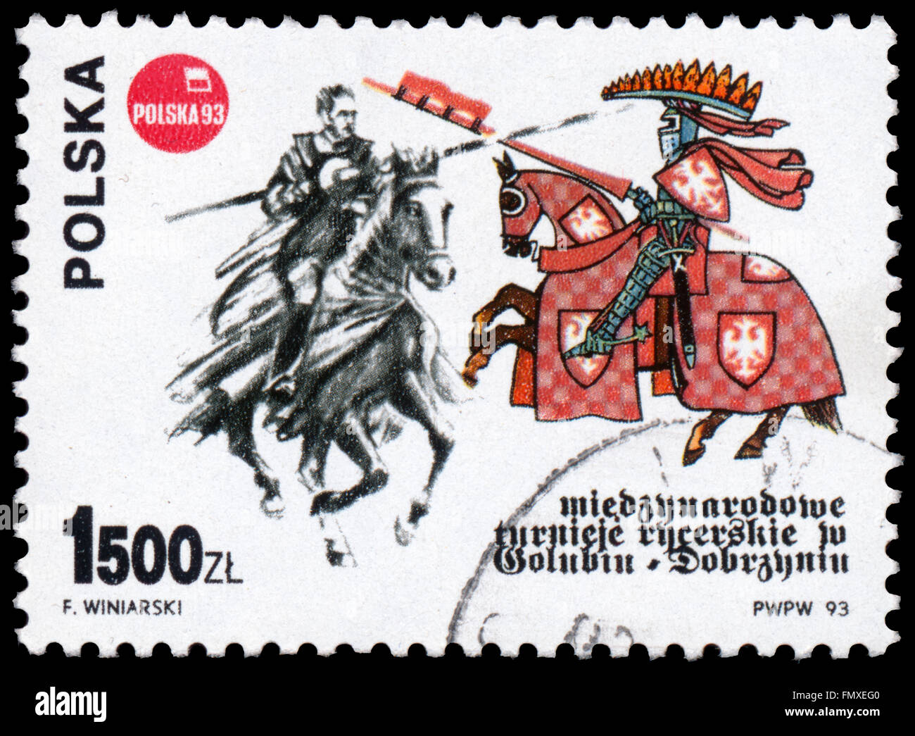 BUDAPEST, Ungarn - 12. März 2016: eine Briefmarke gedruckt in Polen zeigt Ritterturnier in Golub Dobrzyn, ca. 1993 Stockfoto