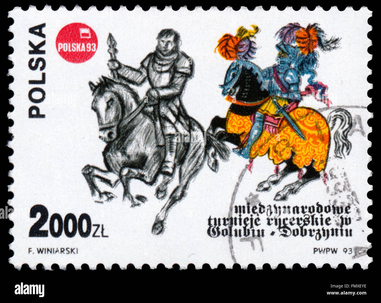 BUDAPEST, Ungarn - 12. März 2016: eine Briefmarke gedruckt in Polen zeigt Ritterturnier in Golub Dobrzyn, ca. 1993 Stockfoto