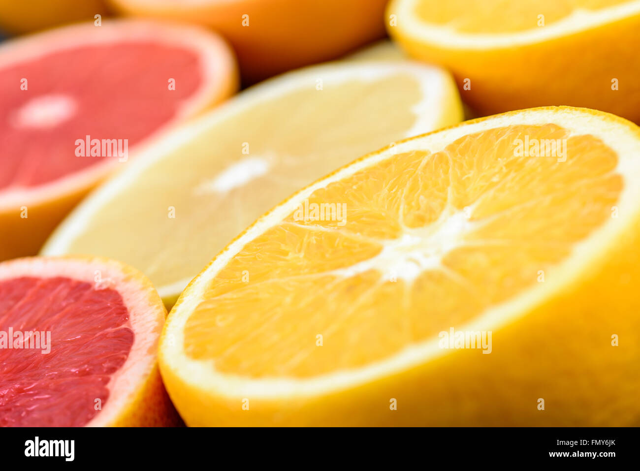 Orange, Grapefruit und Zitrone-Zitrusfrucht-Scheiben Stockfoto