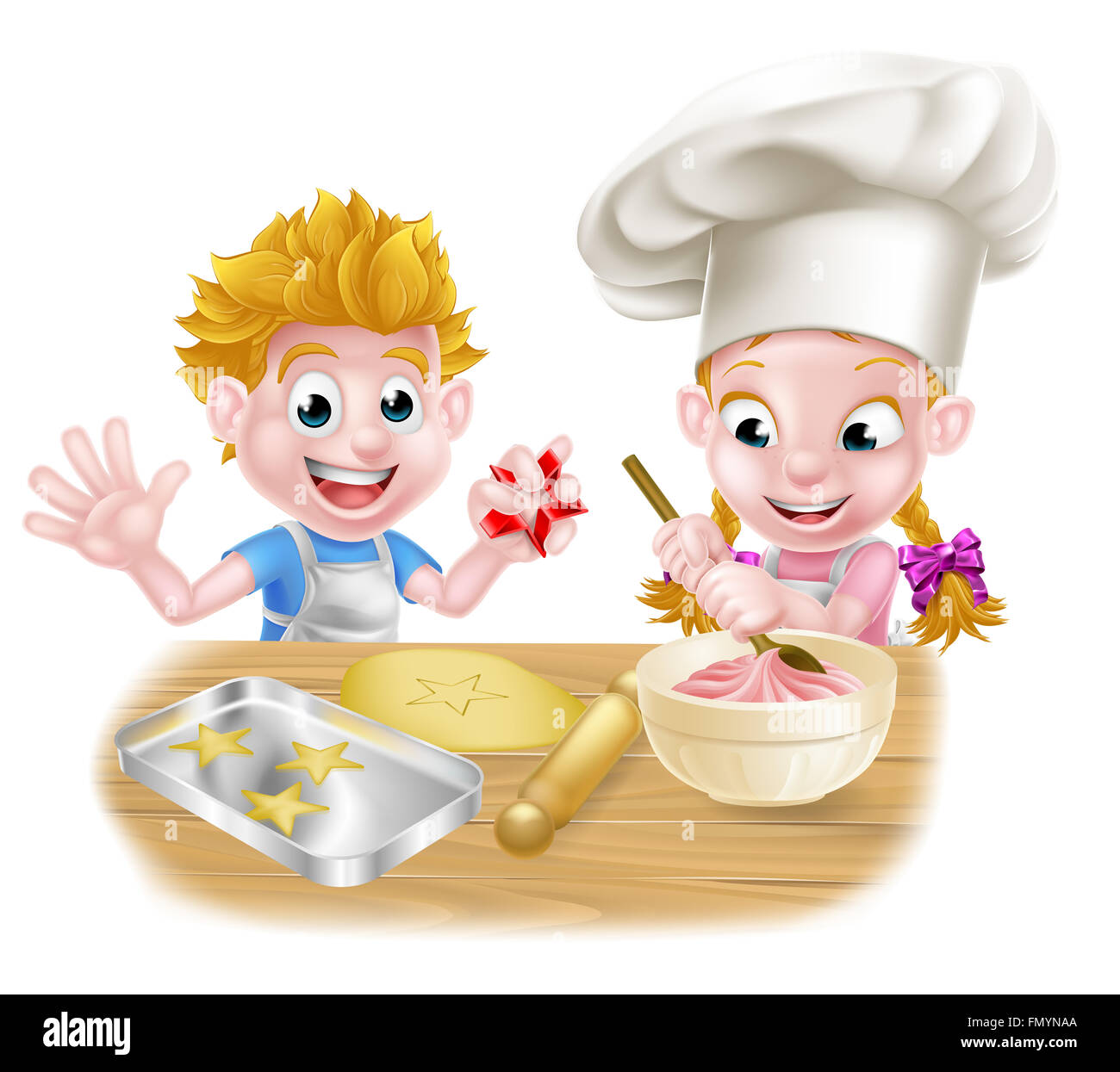 Cartoon Chef Kinder backen und Kochen Desserts in der Küche Stockfoto