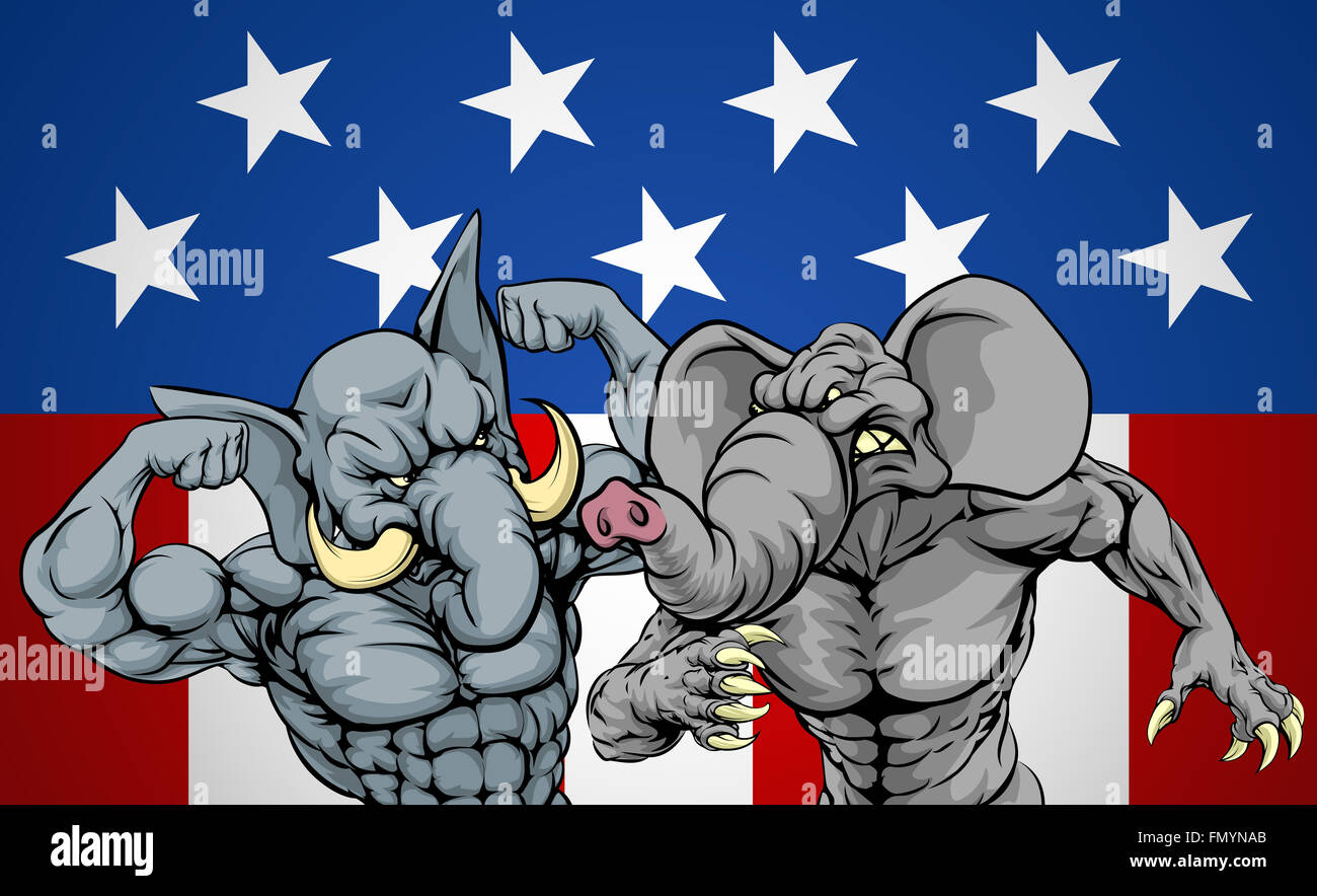 Elefanten kämpfen, amerikanische Politik Wahl Konzept für republikanische Partei Machtkämpfe oder Vorwahlen, Vorwahlen von candida Stockfoto