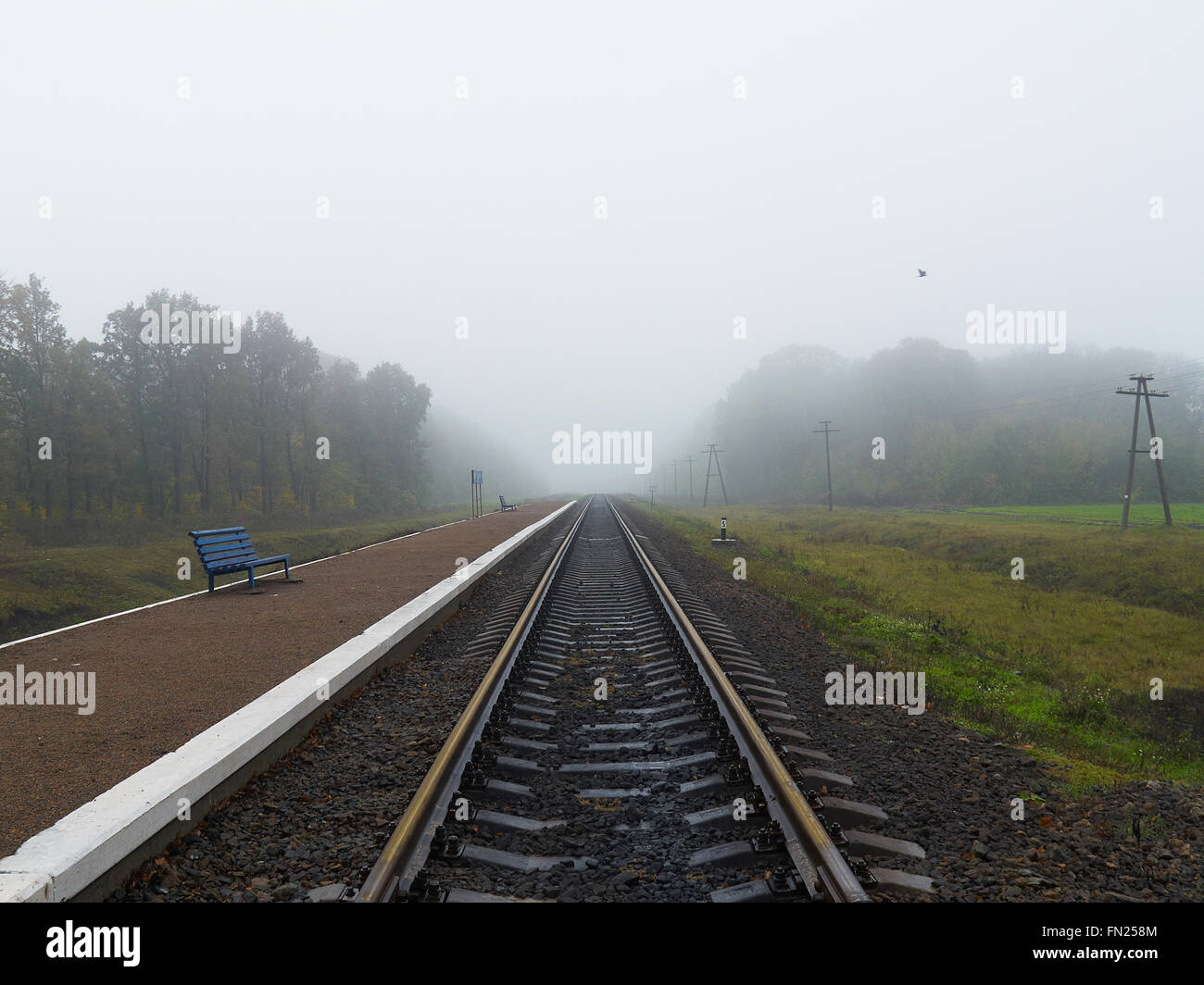 Leere Eisenbahn Bahnsteig mit zwei Bänken an nebeligen Tag Stockfoto