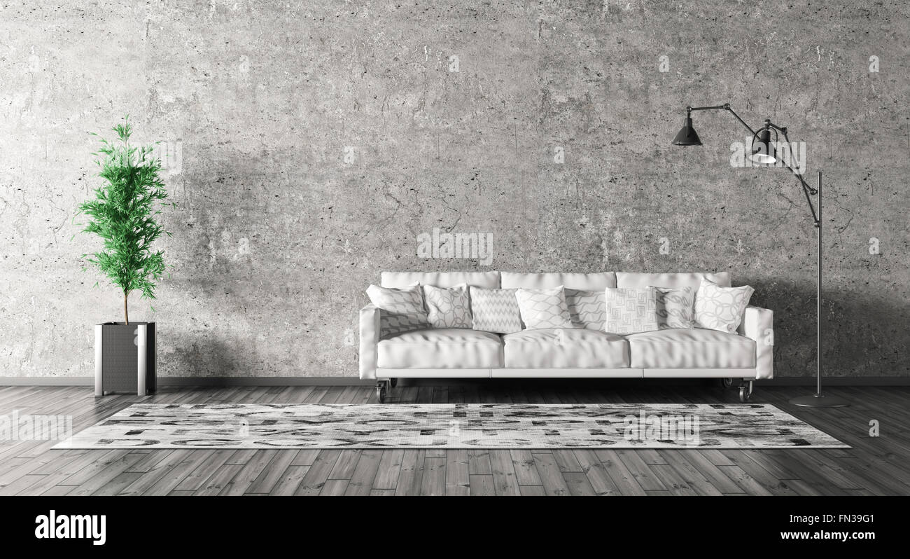 Modernes Interieur aus Wohnzimmer mit Sofa, Stehleuchte gegen Beton Wand 3D-Rendering Stockfoto