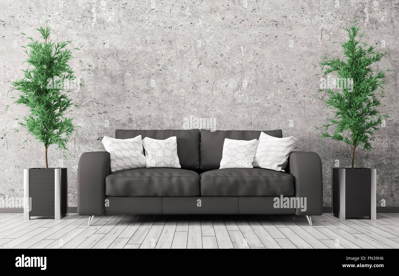 Modernes Interieur der Zimmer mit Sofa und Pflanzen gegen Beton Wand 3D-Rendering Stockfoto