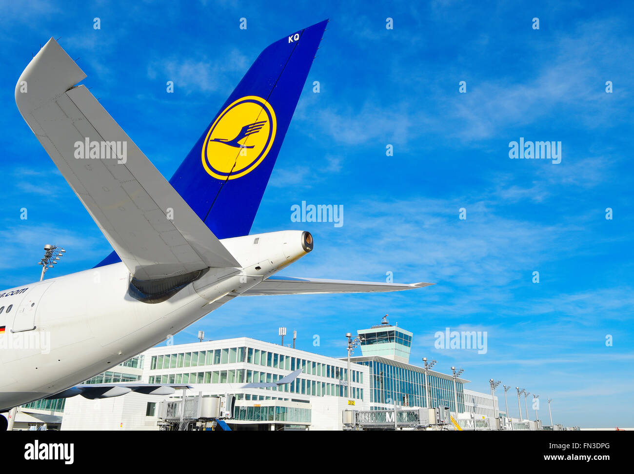 Satelliten, Turm, Flugzeuge, Flügel, Lufthansa, Flughafen, Übersicht, Panorama, Aussicht, Flughafen München, Stockfoto