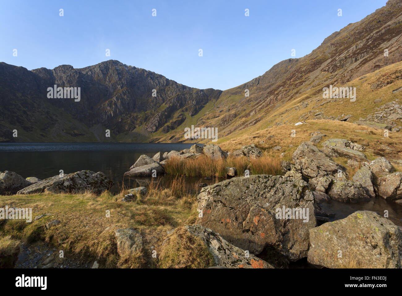 Ein Blick auf Craig Cau von der Küstenlinie von Llyn Cau, Cadair Idris Stockfoto