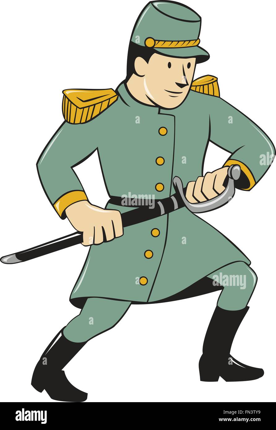 Abbildung eines Soldaten der Konföderiertenarmee während des amerikanischen Bürgerkriegs zeichnen sein Schwert auf isolierte Hintergrund getan im Cartoon-Stil. Stock Vektor