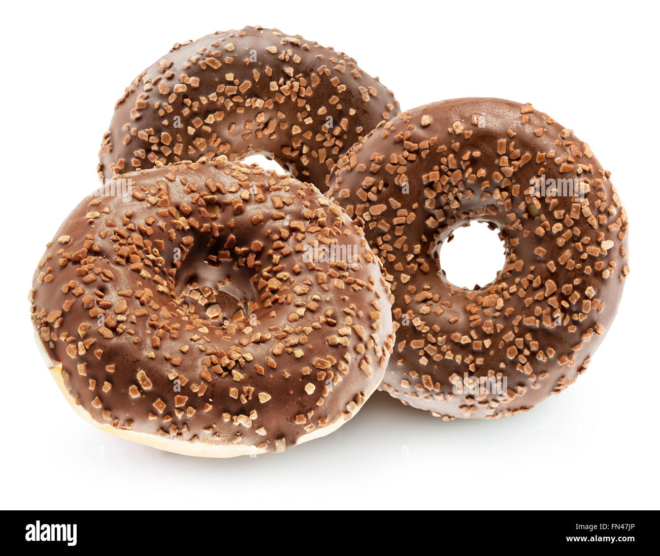Schokolade glasierte Donuts isoliert auf weißem Hintergrund. Stockfoto