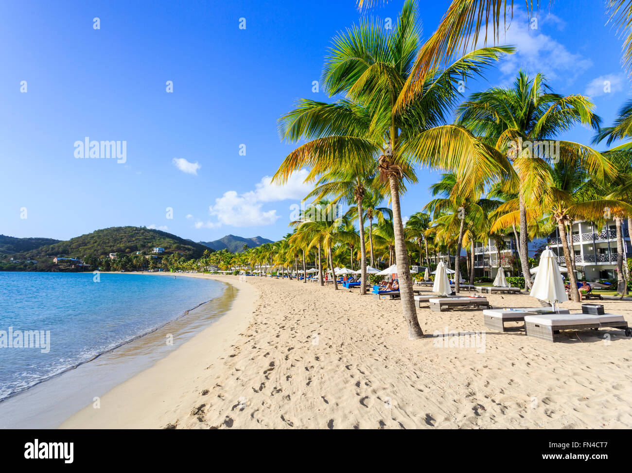 Sonnigen, goldenen Sandstrand und azurblaues Meer in Carlisle Bay, Süd-West Antigua, Antigua und Barbuda, Westindien unter blauem Himmel Stockfoto