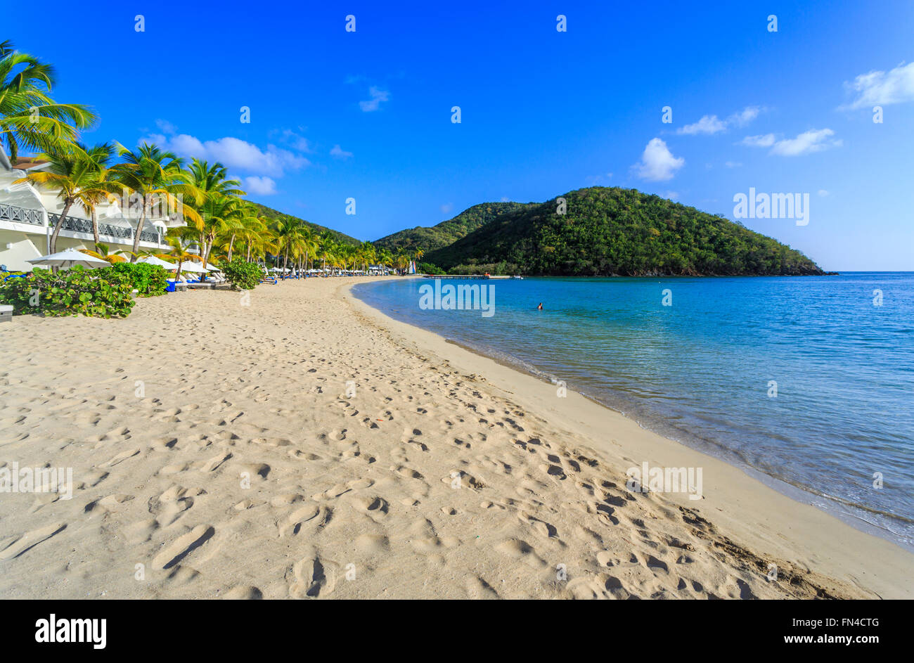 Antiguan Landschaft: Sonnig goldenen Sandstrand und das azurblaue Meer in Carlisle Bay, Antigua, Antigua und Barbuda, West Indies unter einem blauen Himmel Stockfoto