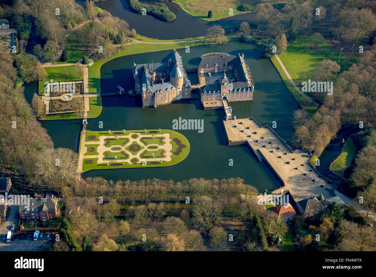 Luftaufnahme, Museum Anholt Schloss, Romantik Parkhotel Wasserburg Anholt, Burg, zurück, zurück, Niederrhein, Stockfoto