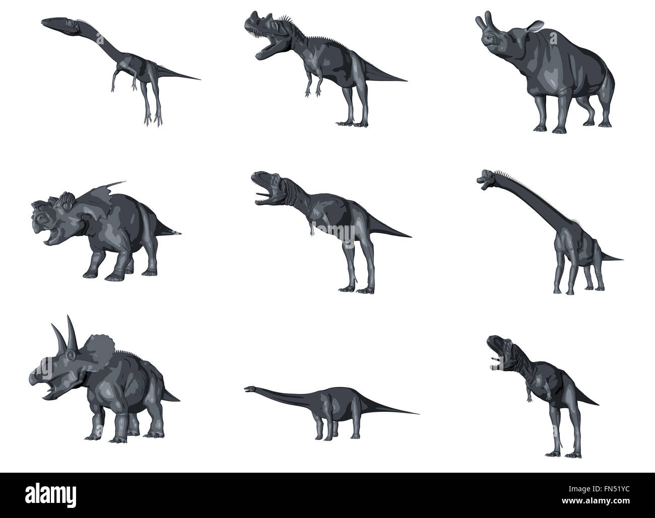 3D Sammlung von Dinosaurier-Skizze, die während der Kreidezeit isoliert auf weiss lebte. Stockfoto