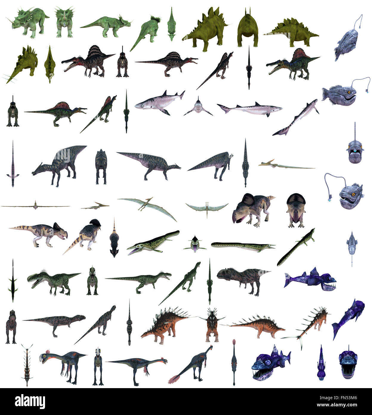 3D Sammlungen von vielen Dinosaurier mit verschiedenen Arten und Farben in einem Bild Stockfoto