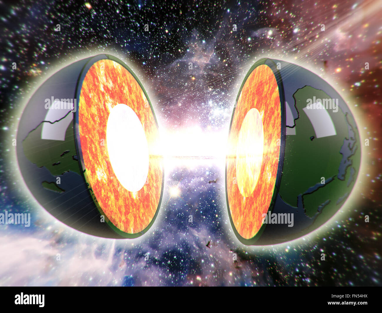 Illustration einer in Scheiben geschnittenen Erde und eine Explosion in der mittleren 3D-Effekt Stockfoto