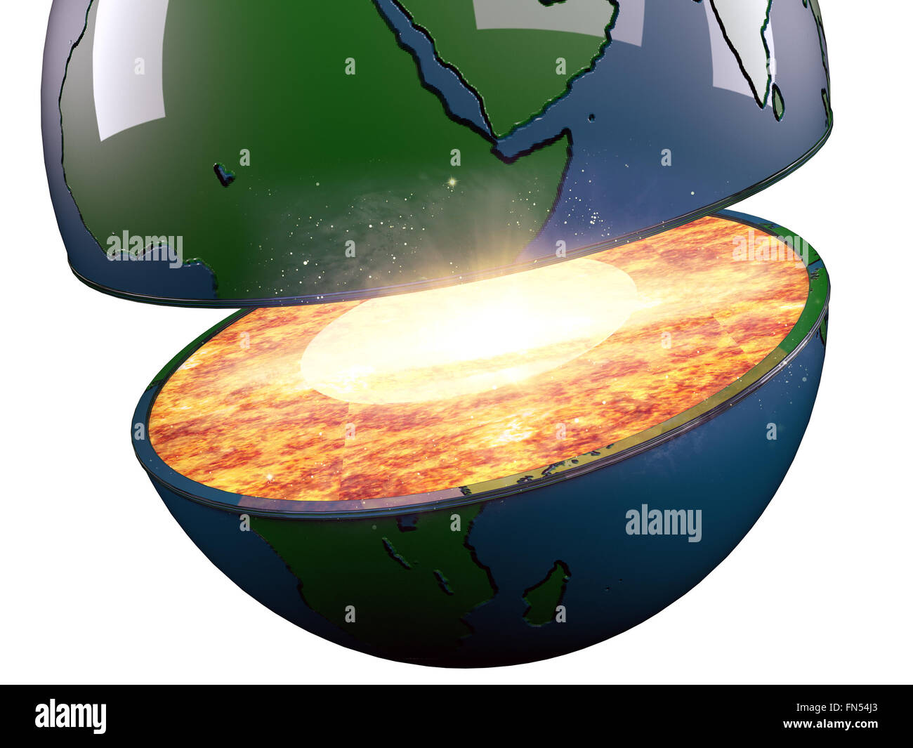 Illustration einer in Scheiben geschnittenen Erde und eine Explosion isoliert auf weißem Hintergrund Stockfoto