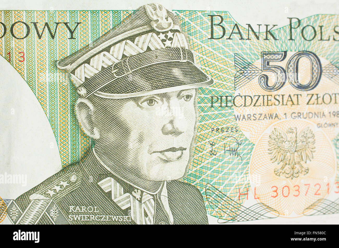 Alte Vintage polnischen Banknote 50 Zloty Kommunist General Karol Swierczewski hautnah Stockfoto