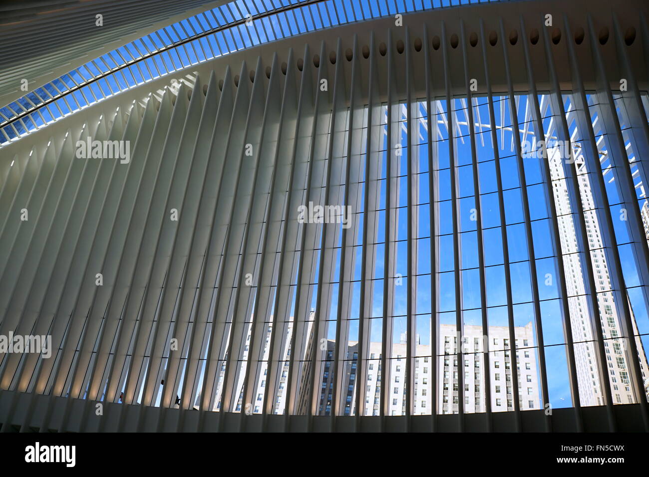 Blick durch die gläserne Decke und Wände im Inneren der WTC Oculus, New York City, NY, USA Stockfoto
