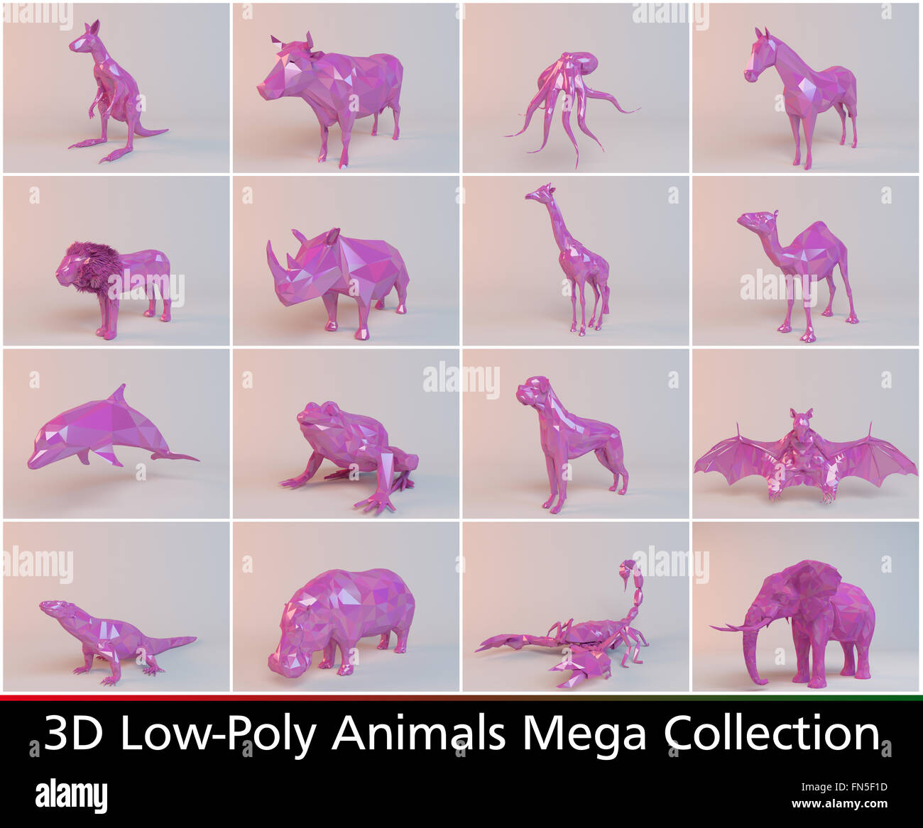 3D low-Poly-Tiere-Kollektionen mit verschiedenen Arten wie ein Pferd, ein Kamel ein Elefant Löwe ein vieles mehr Stockfoto