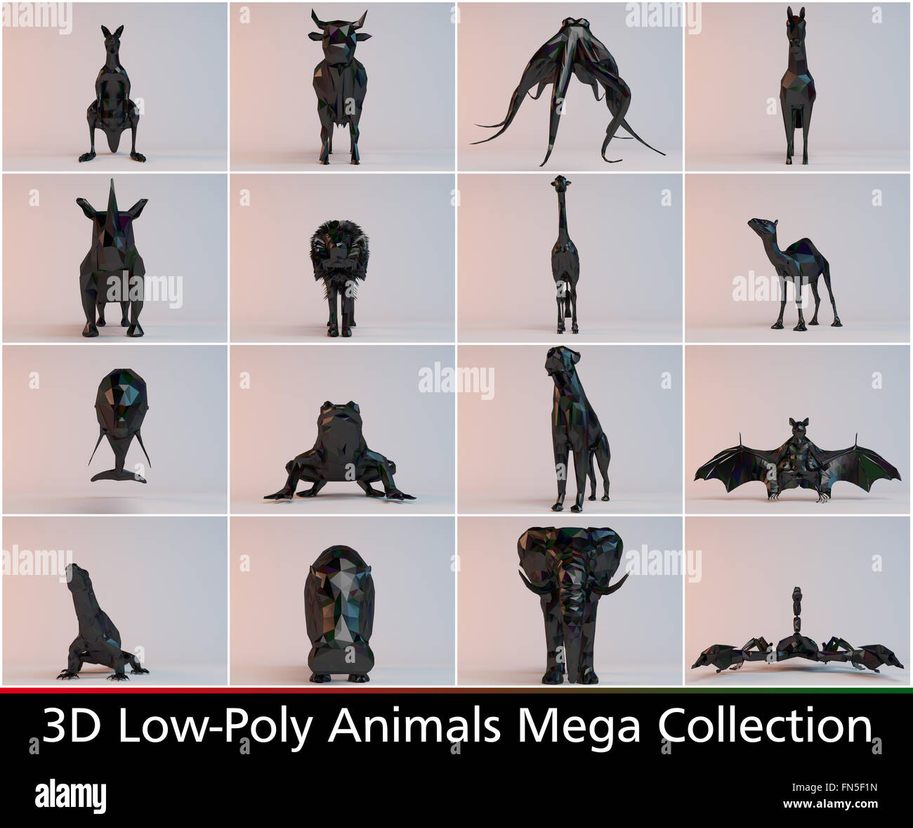 3D low-Poly-Tiere-Kollektionen mit verschiedenen Arten wie ein Pferd, ein Kamel ein Elefant Löwe ein vieles mehr Stockfoto