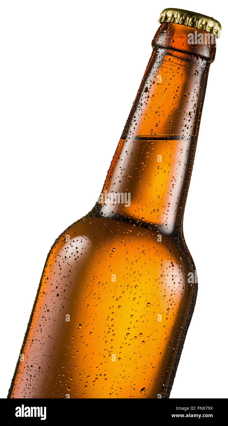 Kalte Flasche Bier mit Kondenswasser tropft auf es. Datei enthält Beschneidungspfade. Stockfoto