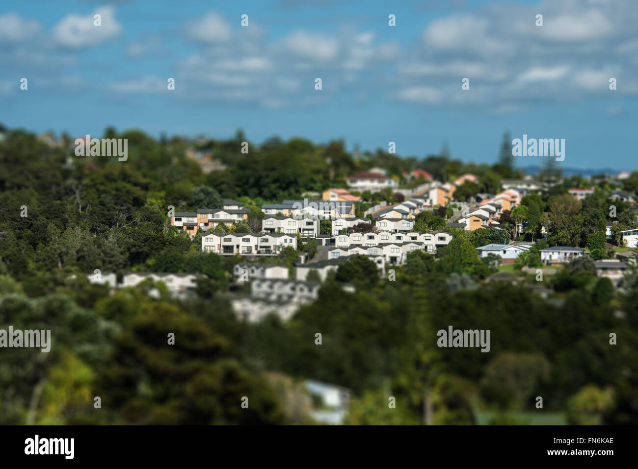 Suburban Auckland - eine wachsende Metropole. Tilt-Shift-Effekt. Stockfoto