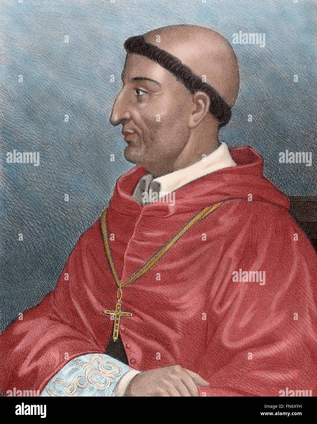 Francisco Jimenez von Cisneros (1436-1517). Spanischer Kardinal und Staatsmann. Porträt. Kupferstich, 19. Jahrhundert. Farbige. Stockfoto